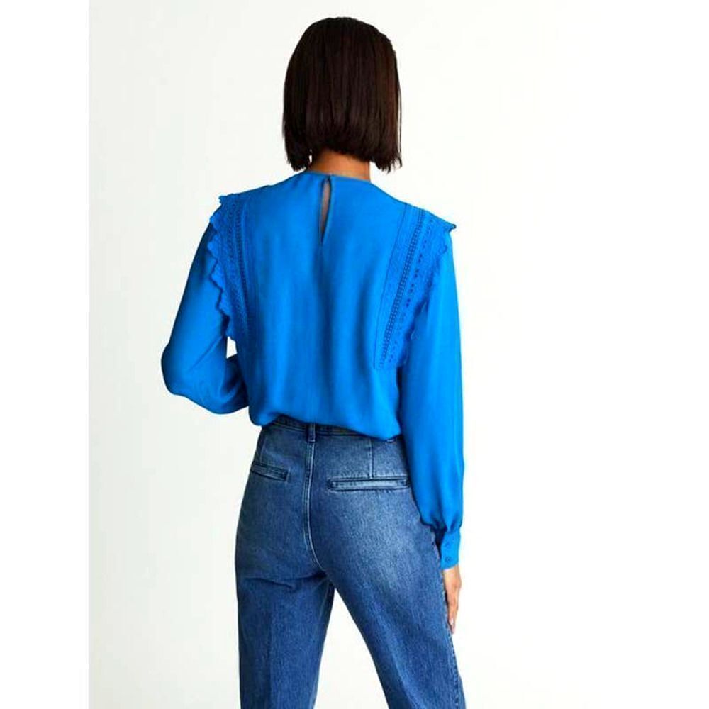 Reiss Bexley‎ Pleated Embroidered ruffle Crepe Blouse top Size 0 blue cerulian - Picture 4 of 12